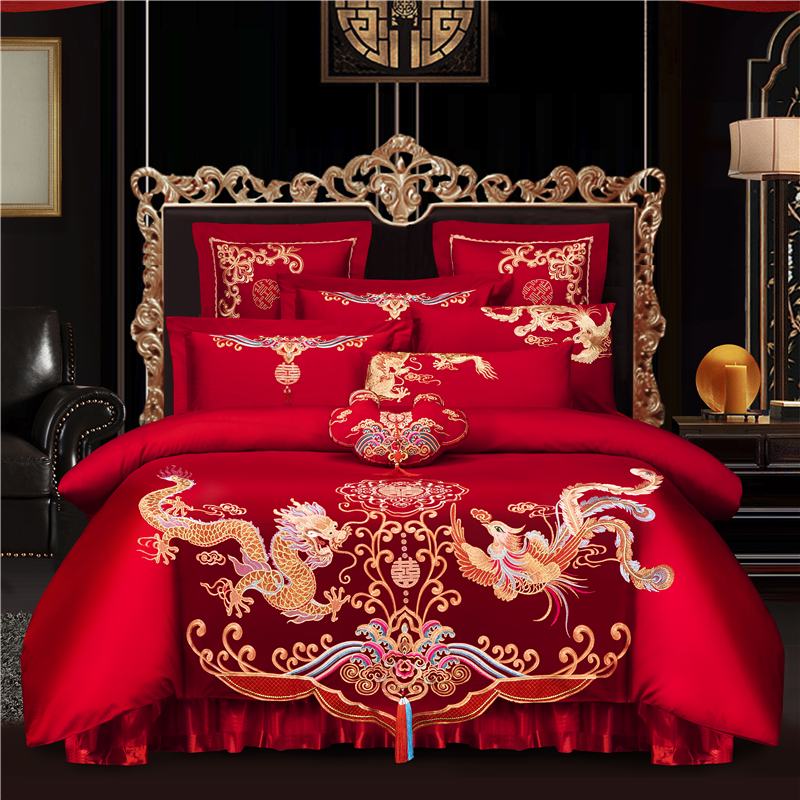 High-end wedding bed supplies four pieces of married cotton cotton satin embroidery big red newly married by the wedding