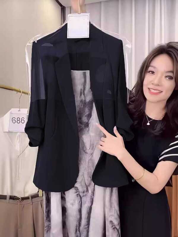 Plus-Size Women's Office Wear: Black Thin Blazer with Three-Quarter Sleeves Paired with Ink-Style Spaghetti Strap Dress Two-Piece Set for Summer