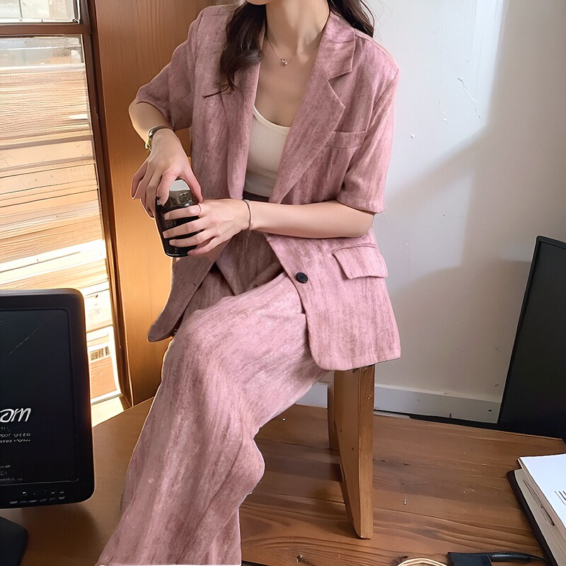 Plus Size Women's Tie-Dye Oversized Short-Sleeve Suit Set, High-End Thin Blazer Jacket and Wide-Leg Pants Two-Piece Set for Chubby Women