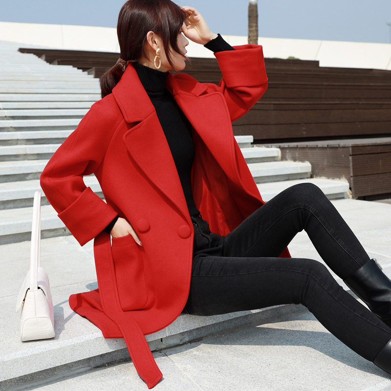 Autumn and winter large size black suit red woolen coat fat mm Korean version loose medium-length woolen coat female 200 catties
