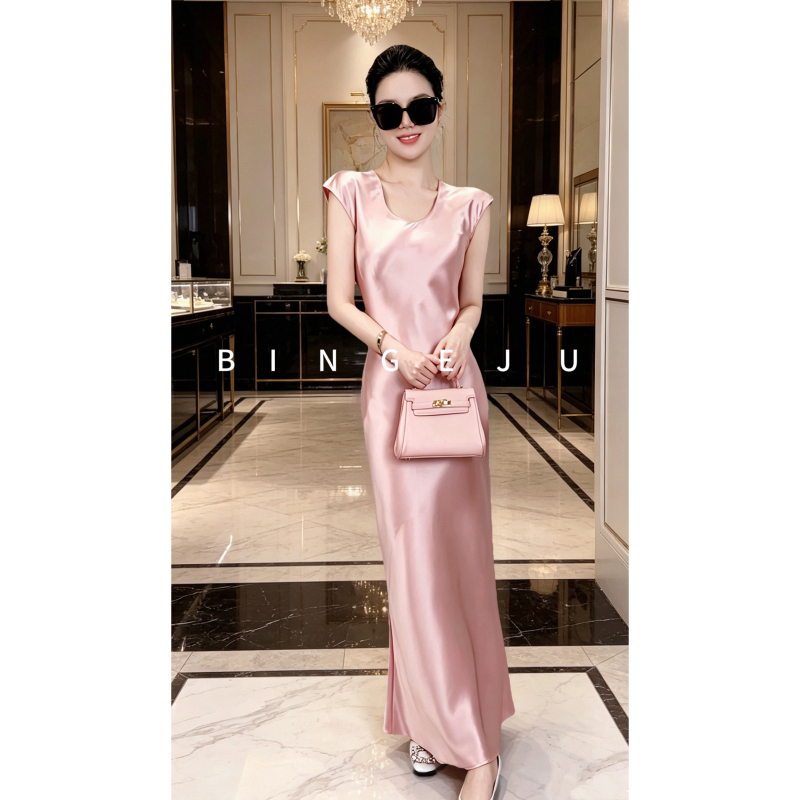 45 Degree Bias Cut Triacetate Satin Pure Color Short-Sleeved Fishtail Dress Slim Elegant Elegant High Waist Extended Skirt for Women