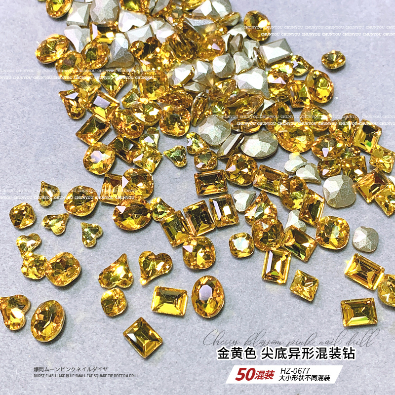 Golden Yellow Pointed-Bottom Shaped Rhinestones for Nail Art, New Trendy Colorful K9 Rhinestones, Super Shiny Diamond Nail Decorations