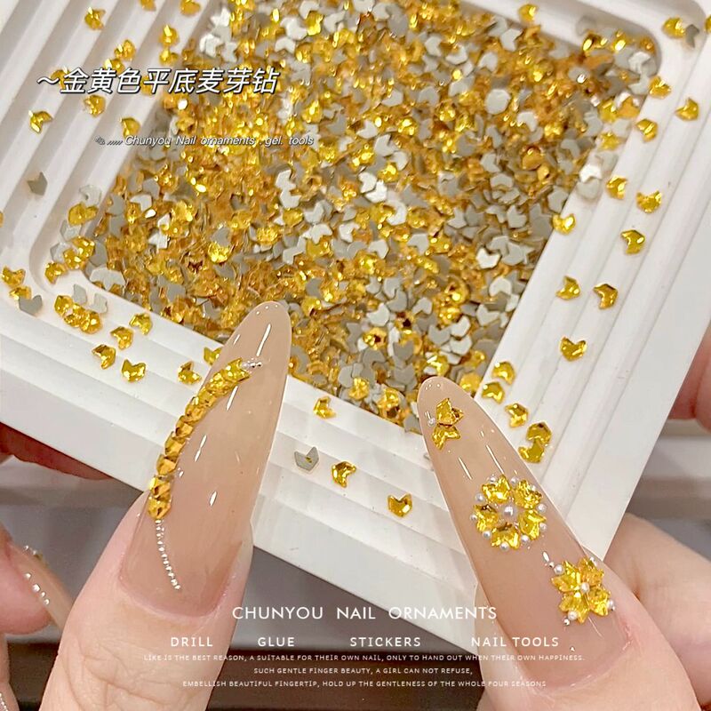 New Golden Malt-Colored Flat-Bottomed Irregular-Shaped Rhinestones, Small Size, Super Shiny Wheat Ear-Shaped Rhinestones for Nail Decorations