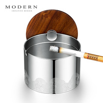 Stainless steel ashtray creative windproof belt wooden cover European household living room light luxury ashtray office high-end ornaments