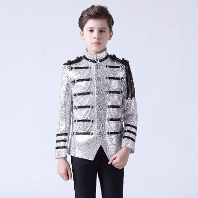 Boy's jazz dance sequin coats chorus host singer performance jacket blazers Flower boy dress suit stand collar children suit