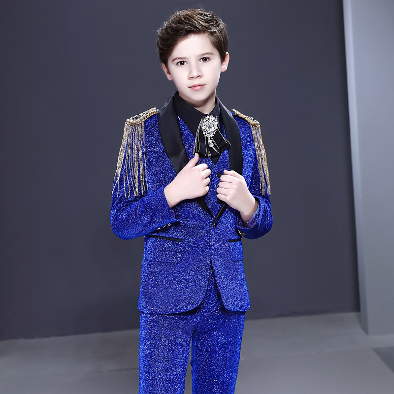 Boy's jazz dance blue glitter coats chorus host singer performance jacket blazers Boys suit three piece set handsome British flower dress children suit model show host