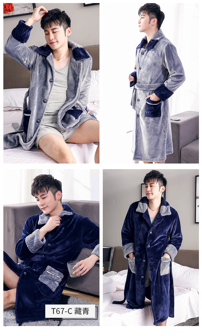 Áo choàng lông của nam giới mùa thu và mùa đông dày áo choàng dài nam áo dài tay mùa thu và mùa đông san hô lông cừu đồ ngủ nam quần áo ngủ