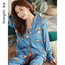 Shangzhe pajamas Womens Spring and Autumn long sleeves Ice Silk thin sweet cute girl simulation silk home clothes two-piece set