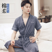 Shangzhi nightgown mens summer short-sleeved cotton thin section bathrobe Japanese stripe casual loose large size summer home clothes