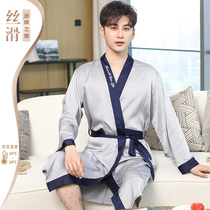 Champs Mens Sleep Robes Spring Summer Ice Silk Long Sleeve Bathrobe Summer Day Tie and emulated Silk Sleeping Mens Baths