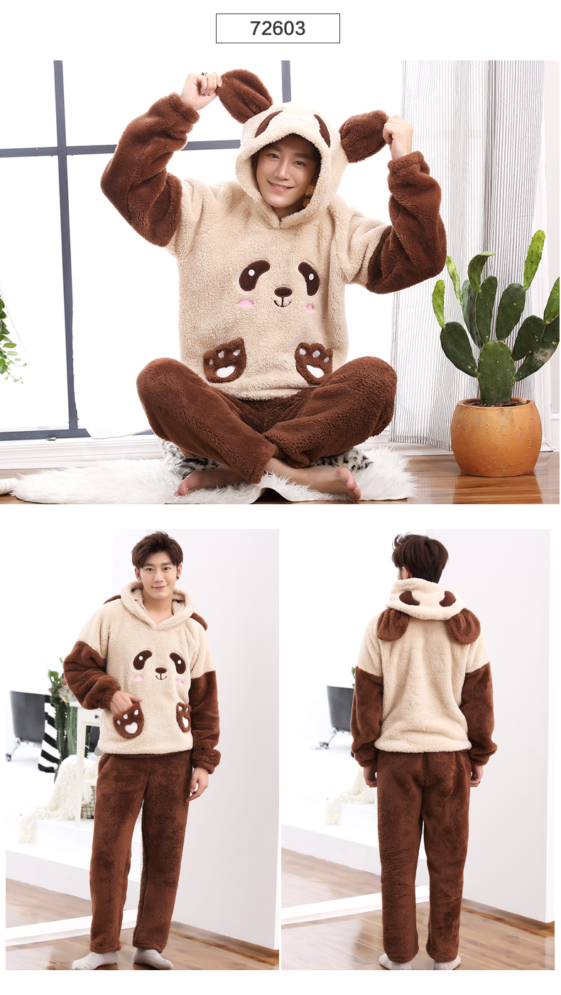 Đồ ngủ nam mùa thu và mùa đông san hô lông cừu dày cộng với nhung ấm mùa đông phần flannel thanh niên phục vụ nhà phù hợp - Giống cái bộ lụa mặc nhà
