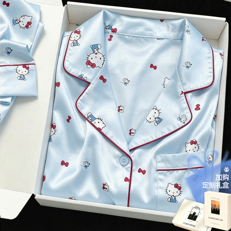 Sweet and Cute Cat-Themed Ice Silk 2026 Cool Sleepwear for Women, Summer Short-Sleeve Shorts Three-Piece Home Wear Set