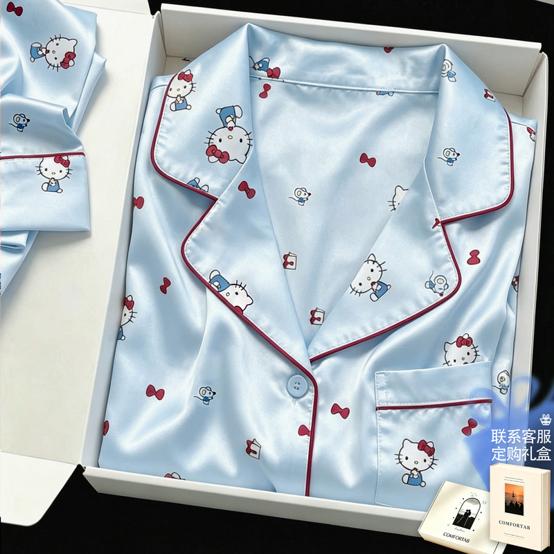 Sweet and Cute Cat-Themed Ice Silk Pajamas for Women, Summer Short-Sleeved Shorts Three-Piece Set, Can Be Worn Outside as Loungewear Set