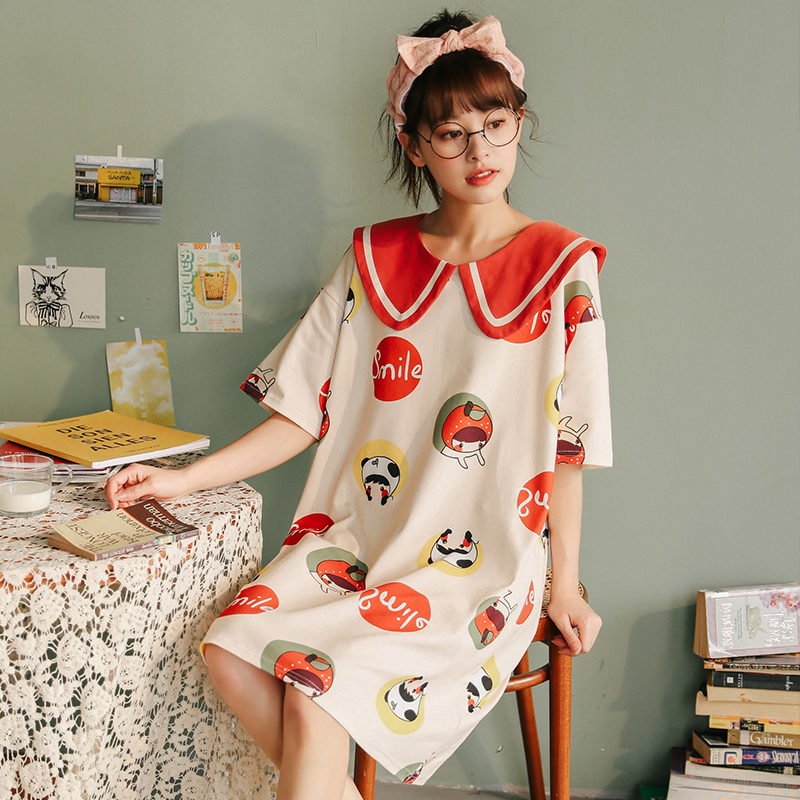 đồ ngủ cotton womens mùa hè mỏng ngắn tay dài vừa ròng bộ đồ ngủ màu đỏ phiên bản nữ của Hàn Quốc sinh quần áo nhà lỏng lẻo dễ thương.