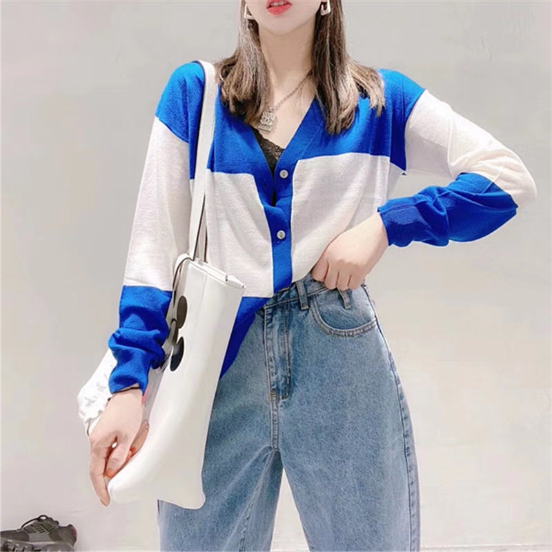 Euro Trạm 2020 Summer V-cổ phụ nữ cardigan mỏng của loose-fitting mỏng băng knitshirt nắng hôn chuyến đi chơi dài tay