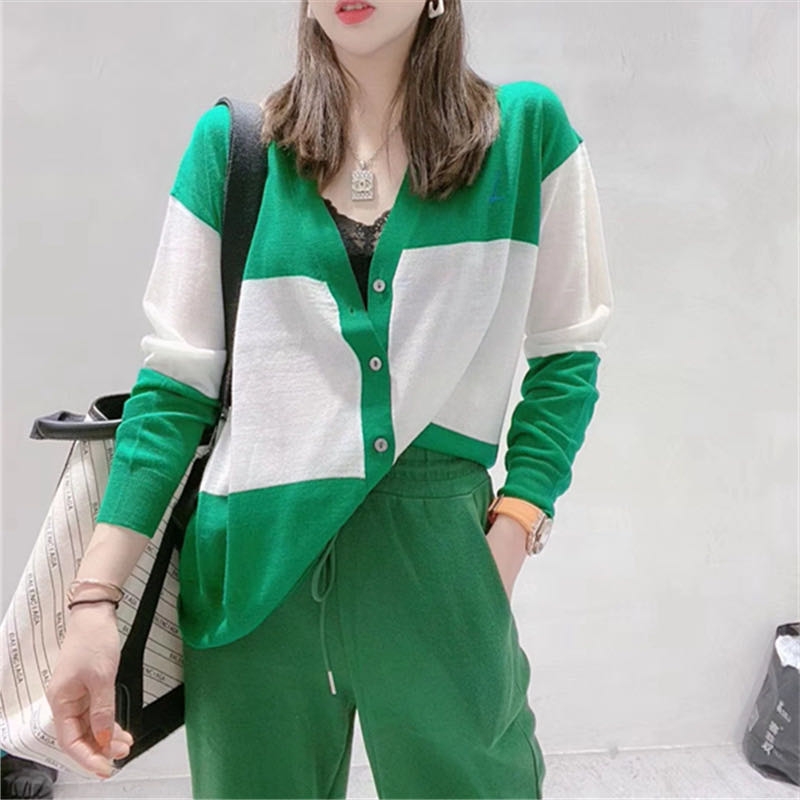 Euro Trạm 2020 Summer V-cổ phụ nữ cardigan mỏng của loose-fitting mỏng băng knitshirt nắng hôn chuyến đi chơi dài tay