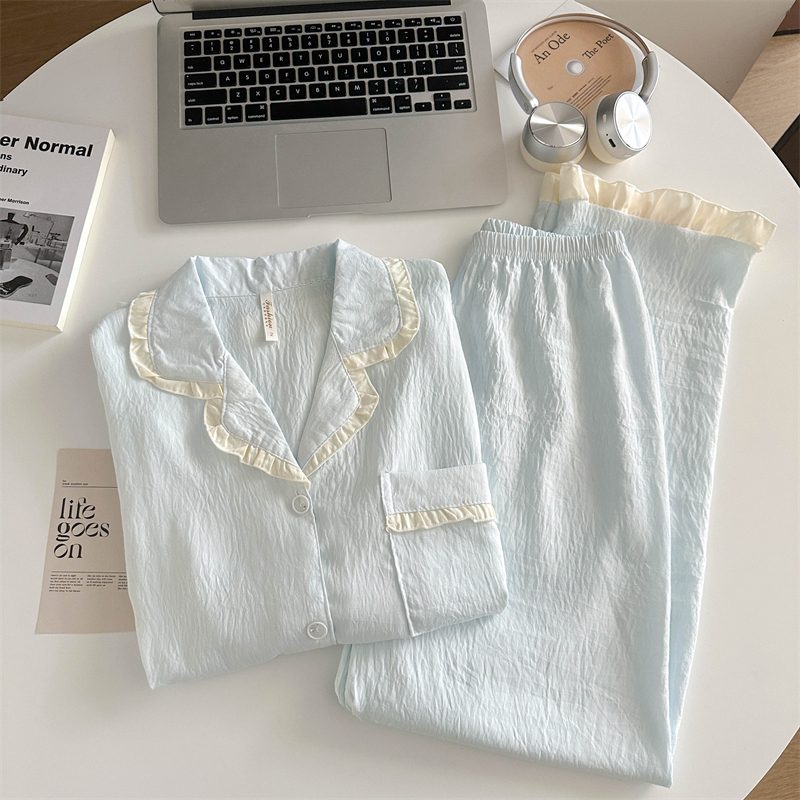 Internet Celebrity Style High-End Blue Pajamas for Women, Spring and Autumn Long-Sleeved Cardigan, Sweet Student Loungewear Set That Can Be Worn Outside Internet Celebrity Style High-End Blue Pajamas for Women, Spring and Autumn Long-Sleeved Cardigan, Sweet Student Loungewear Set That Can Be Worn Outside