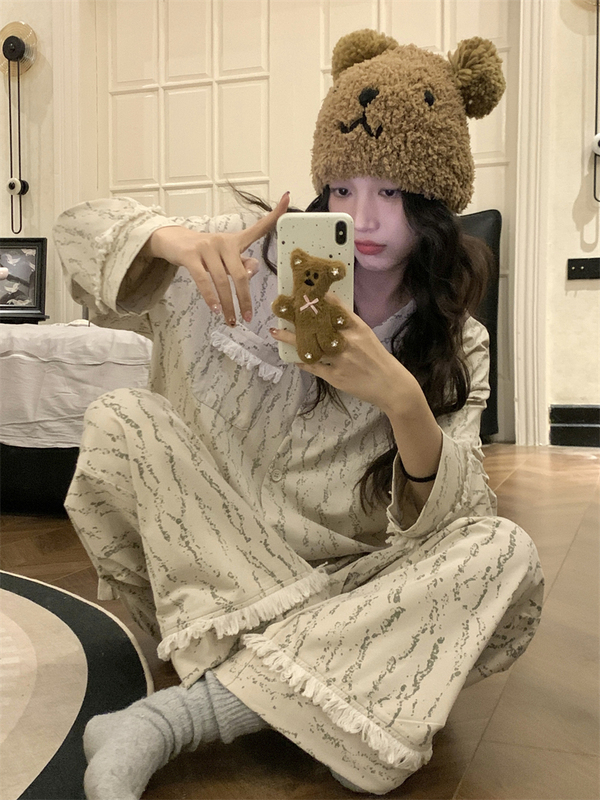 Internet Celebrity Style Fringed Pajamas for Women, Spring and Autumn Long-Sleeved Loose-Fitting High-End Striped Loungewear Set That Can Be Worn Outside, Plus Size