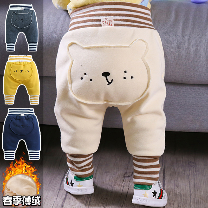 Baby pants high waist spring and autumn plus velvet thin boys and girls baby big butt pants warm casual belly protection large PP pants