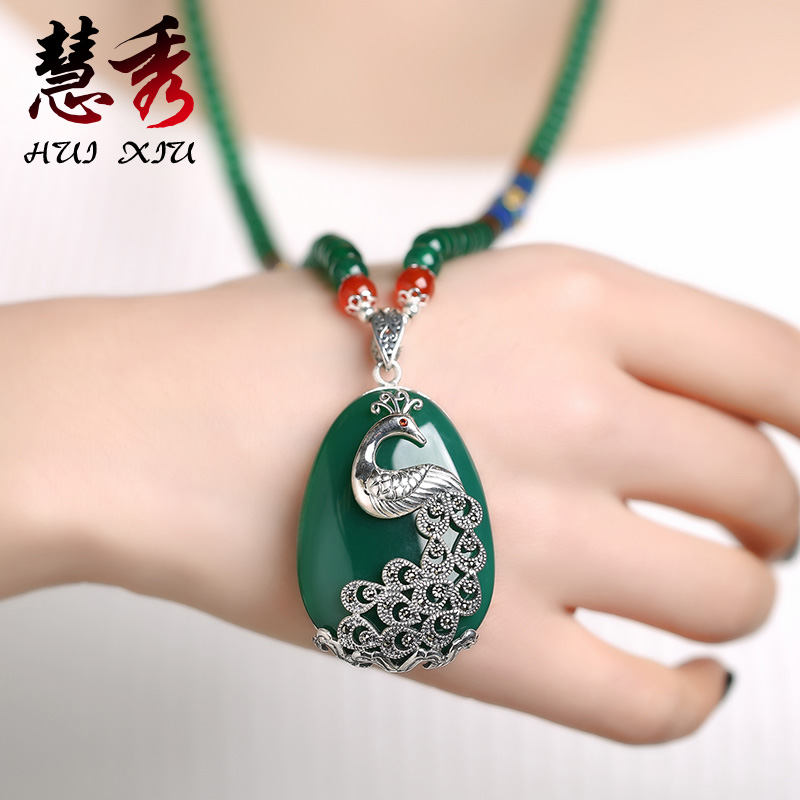 Green Agate crystal sweater chain Sparrow lady long version S925 silver necklace high-grade wild 2020 new chalcedony stone