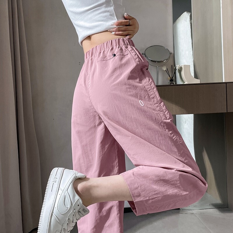 Pink Sports Pants for Women, Summer Thin Style, Jogging Quick-Dry Carrot Pants, High-Waisted Ice Silk Wide-Leg Dad Harem Slim Pants