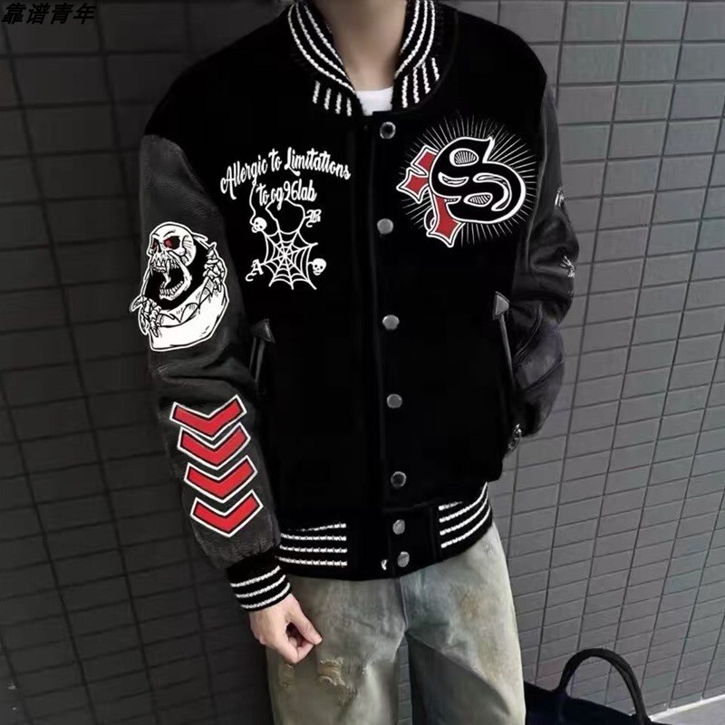American Retro Black Skull Embroidered Baseball Jacket for Men and Women, Spring and Autumn Trendy Brand, European and American High Street Casual Couple Jacket