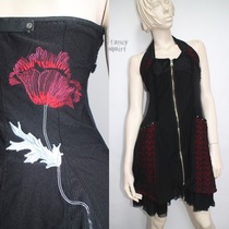 Dark sexy rose punk goth Halter halter Multi-layer lace rivets red and black punk goth dress