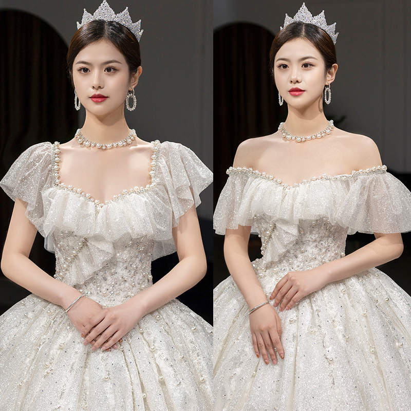 One-word shoulder main wedding dress bride 2021 New Court big tailed female go out gauze light French starry simple starry sky