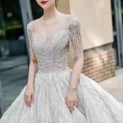 Starry sky main wedding dress bride 2021 new trailing European-style one-shoulder thick arm French V-neck autumn and winter