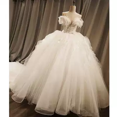 One-shouldered main wedding dress bride 2021 new trailing mori super fairy dream temperament small light V-neck