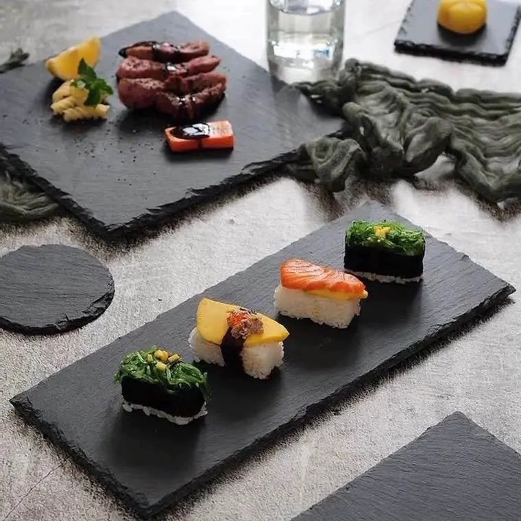 Natural Black Vintage Slate Sushi Plate Creative Snack Stone Plate Barbecue Extra Thick Plate Banquet Rock Western Food Plate