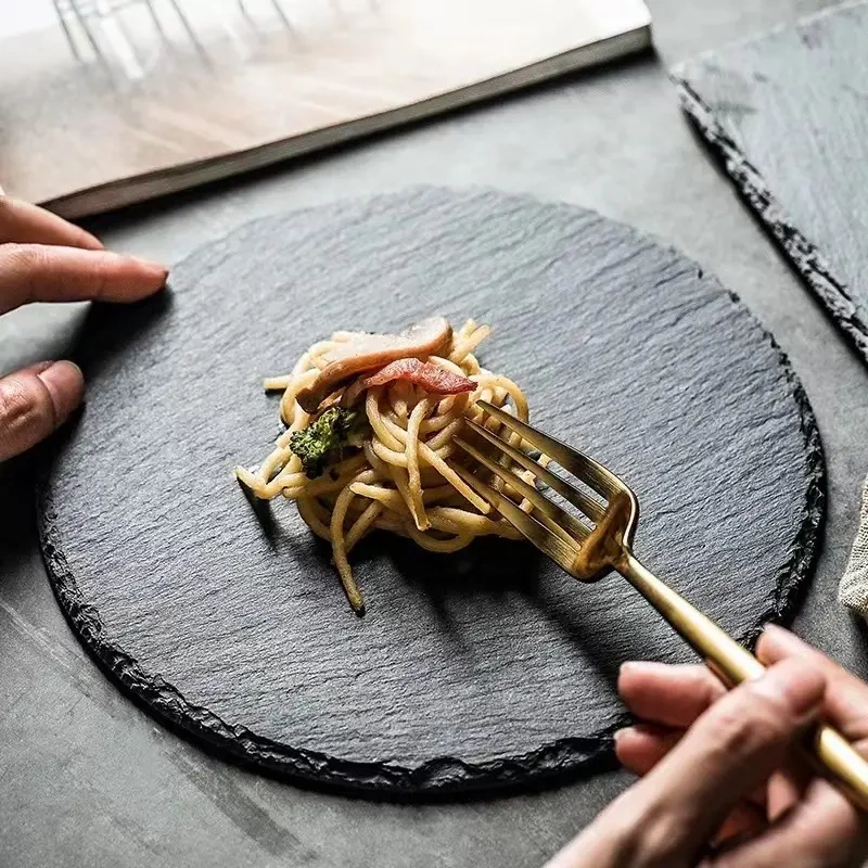 Japanese-Style ins Round Black Stone Plate Sushi Plate Slate Dinner Plate Western Food Plate Barbecue Stone Plate Presentation Plate Steak Plate