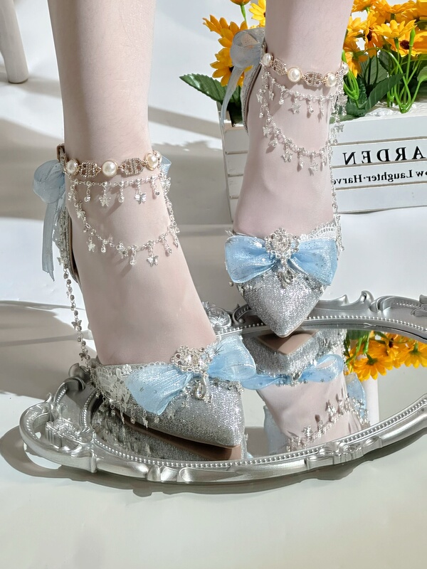 Meow Meow Sauce Original Blue Starry Sky Story Lolita Coming-Of-Age Ceremony Handmade Sparkling Princess High Heel Wedding Shoes in Stock