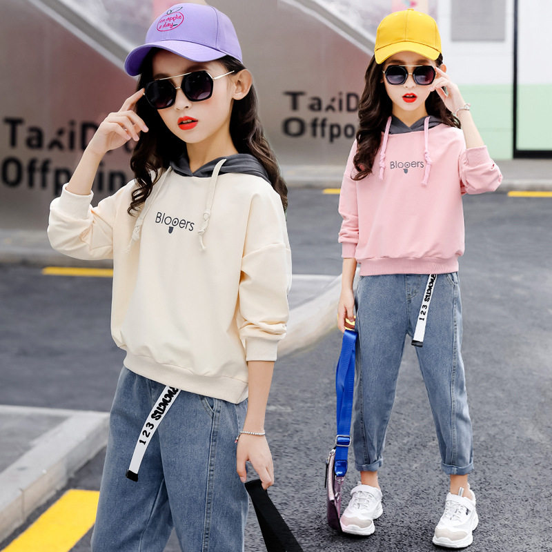 Girls Kit 2022 - Fall Children's New Young Sleeve Red Link Sweatshirt Jeans two pieces of tide suit