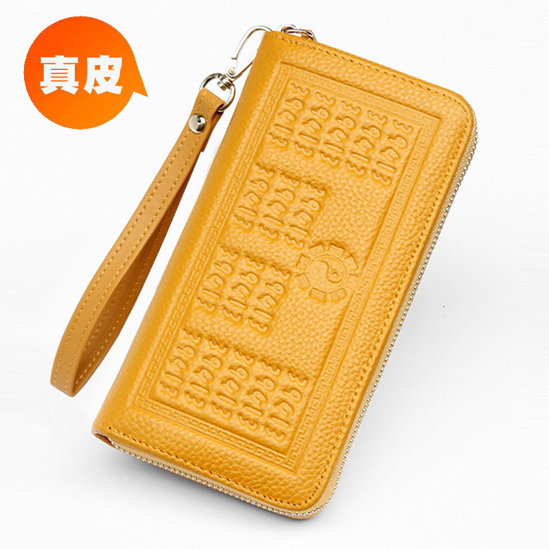First-Layer Cowhide Women's Wallet, Genuine Leather Long Wallet, Coin and Card Holder, Two-In-One Men's Style, Large Capacity, High-End Feel, Lucky Yellow