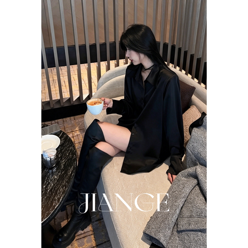 Pigeon's Wardrobe (Black Rose) Satin Black Shirt Women's Spring/Summer Cardigan Crisp and Comfortable Women's Air Conditioning Shirt Blouse