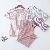 Pajamas with chest pad pajamas female modal summer thin striped sports short sleeve Capri pants home suit suit can be worn outside