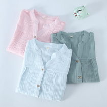 Spring and Autumn Pajamas Women Cotton Long Sleeve Pants Loose Size Gauze Solid Color Home Clothing Set