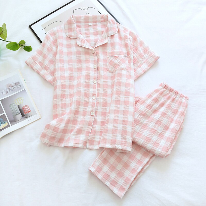 Couple short sleeve pyjamas female summer thin cotton double layer gauze minimalist plaid half sleeve long pants men's home suit suit