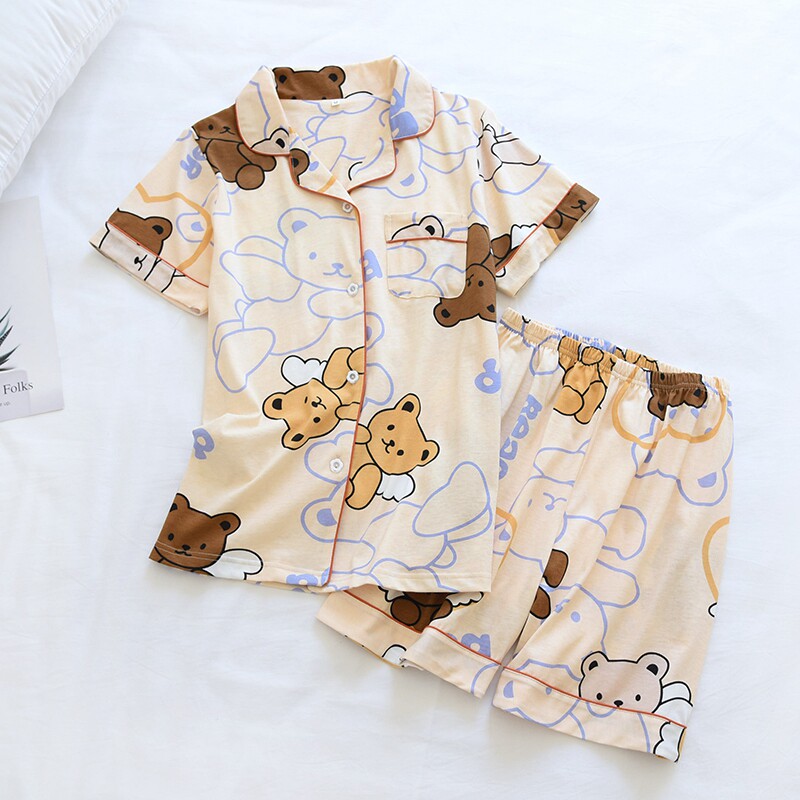 Sleepwear Woman Summer Thin student casual cute pure cotton knit short sleeve shorts Home Two-piece Suit Summer