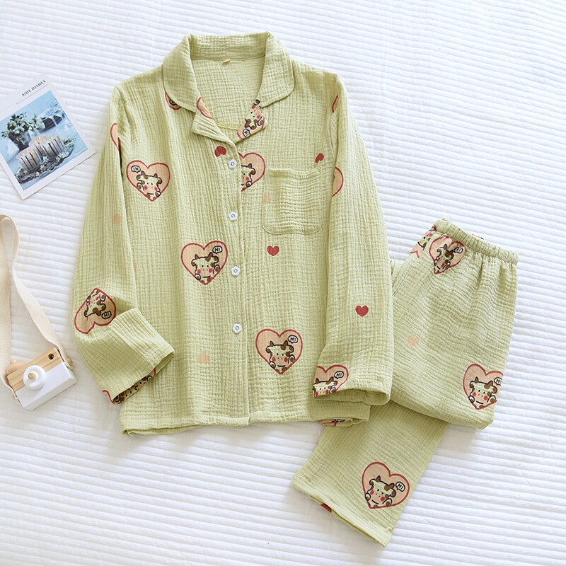 Pajamas women's spring and autumn cotton double-layer gauze summer thin section fresh cotton crepe long-sleeved trousers home service suit