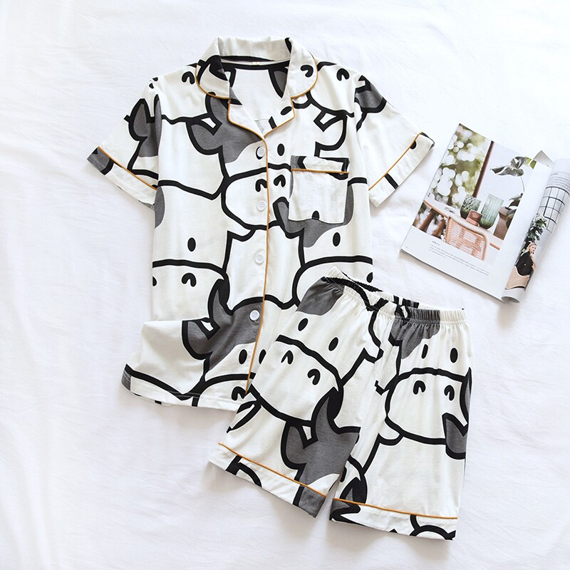 Couple pajamas women's summer thin section simple fresh cotton knitted short-sleeved shorts loose home clothes suit men