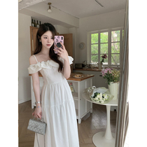 Mr. Smoke Temperament Dress Womens Summer French High-Quality Gentle and Elegant One-line Collar White Suspender Skirt