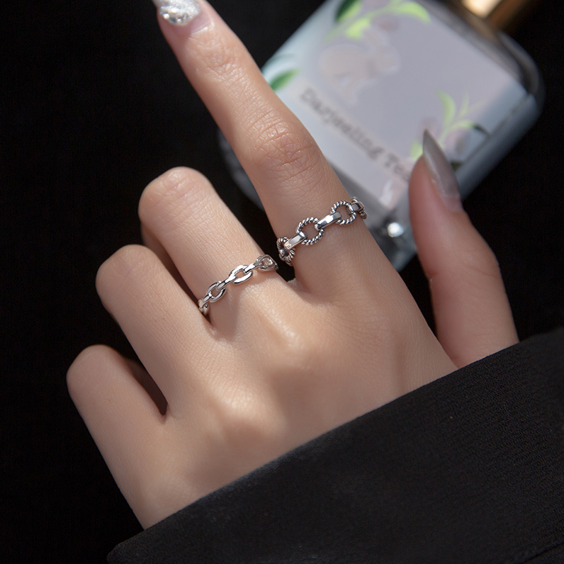 Ring Buckle Chain 925 Silver Ring Female Forefinger Light Extravagant Delicate and Tide Retro Japan-Japan-ROK opening kit Ring Composition Silver Accessories