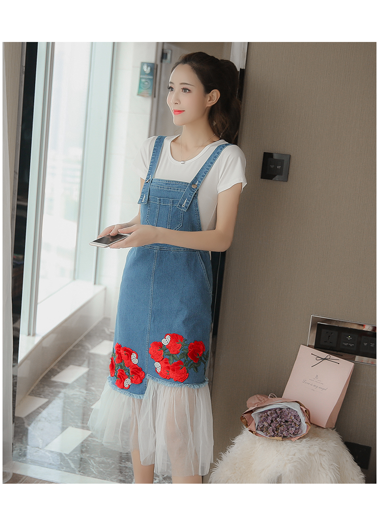 VK旗艦店 韓系玫瑰刺繡牛仔拼接網紗背帶長版無袖洋裝