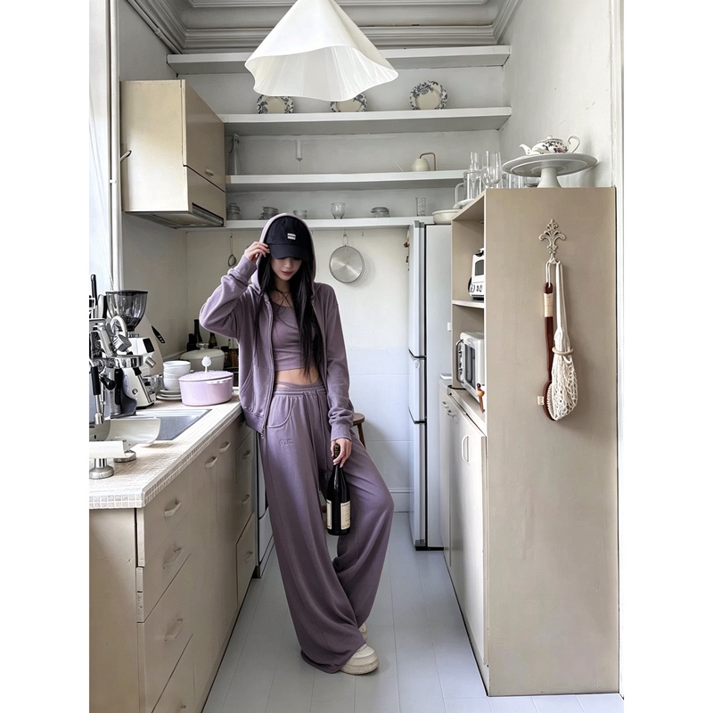 Film Mist Purple/American Style Loose Slimming Zipper Purple Loose Hooded Zipper Sweatshirt and Sweatpants Set