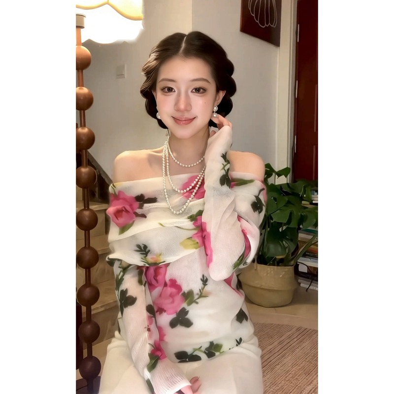 Early Spring New Style French-Style Luxurious, Gentle and Elegant Temperament Roselle Rose One-Shoulder Printed Soft Sweater
