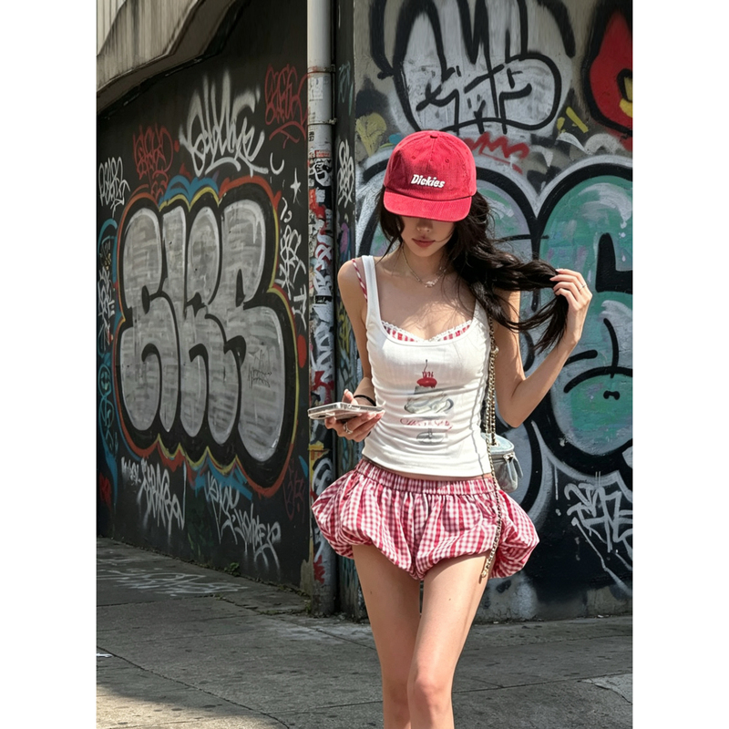 American-Style Spicy Girl Outfit for Women, Summer Printed Vest, Plaid Bra Top, Red Plaid Floral Short Skirt Pants Three-Piece Set