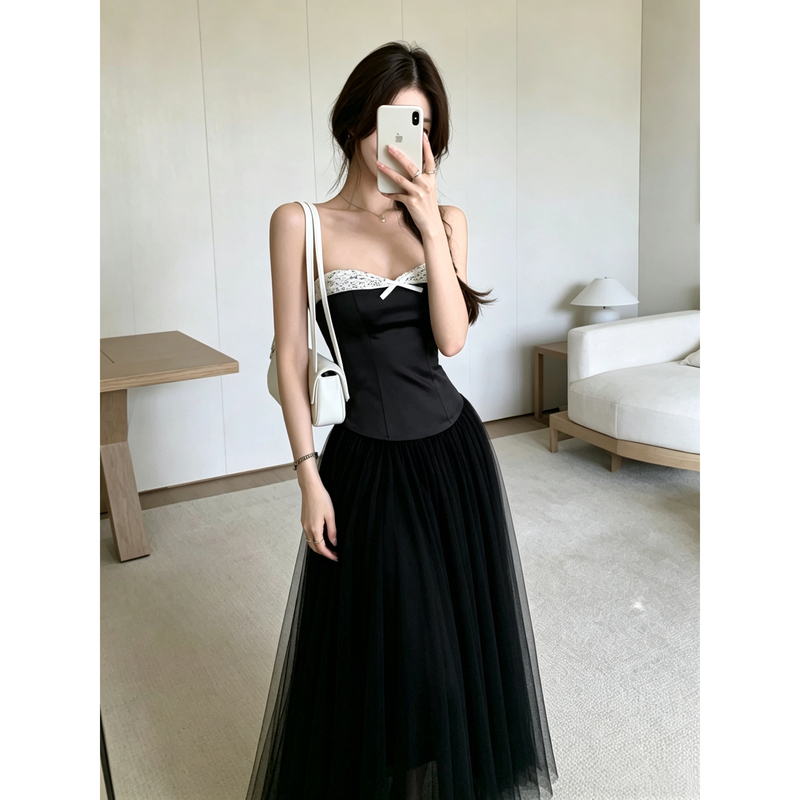Fuanna's Blockbuster! French-Style Luxurious Black Satin Lace Patchwork Spaghetti Strap Dress/Strapless Top for Women