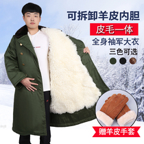 Wool sheepskin army cotton coat Mens sheepskin wool one-piece night shift thickened long winter cotton coat cold and warm